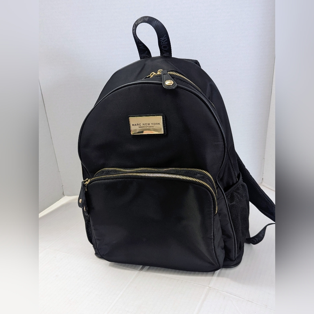 Marc New York Backpack Gold Tone Logo Plaque Black Nylon Large Bag Zip Pockets